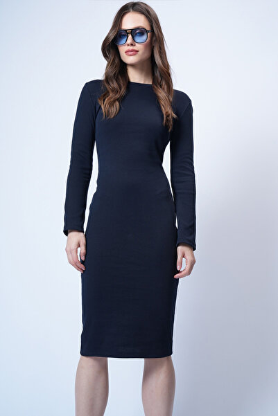 Trend Alaçatı Stili Rochie de damă, albastru închis, guler rotund lungime mid...