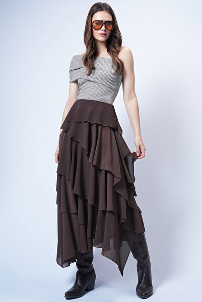 Trend Alaçatı Stili تنورة نسائية منسوجة طويلة متعددة الطبقات بلون بني مرير AL...