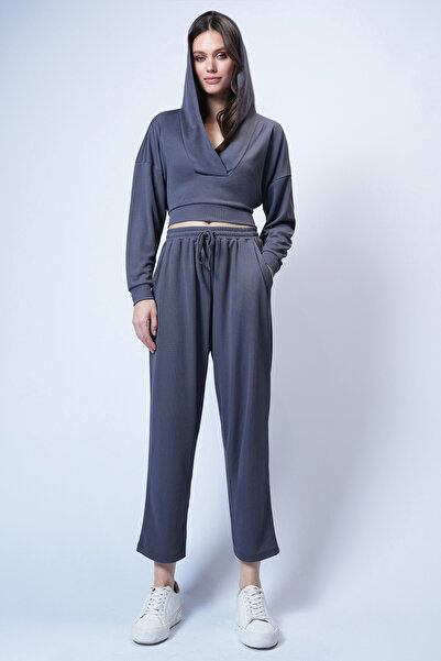 Trend Alaçatı Stili Anthrazitfarbener Damen-Modalanzug mit Kapuze und zweireihigem Kragen – ALC-X13268