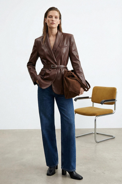 Trendyol Collection Brown Belted Double Breasted Closure Faux Leather Woven Blazer Jacket Twoaw26Bc00002