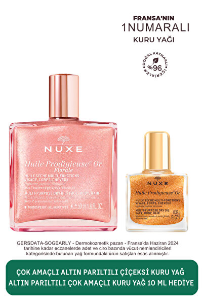 Nuxe Çok Amaçlı Altın Parıltılı Çiçeksi Kuru Yağ (Yüz, Vücut, Saç) 50 ml-Işıltılı Kuru Yağ 10 ml Hediye