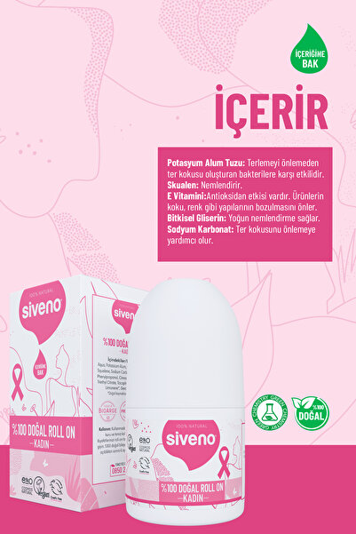 Siveno %100 Doğal Roll On Kadın Deodorant Ter Kokusu Önleyici Bitkisel Leke Bırakmayan Vegan 50 ml