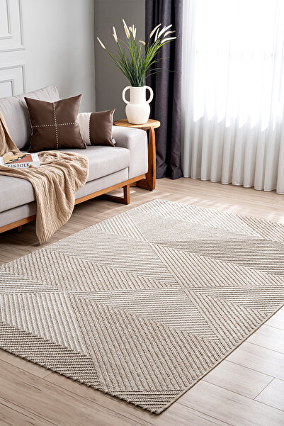 Koza Halı Retro Krem Bej Geometrik Desenli Tozumaz Salon Koridor Balkon Teras Bahçe Oturma Odası Halısı 19270a