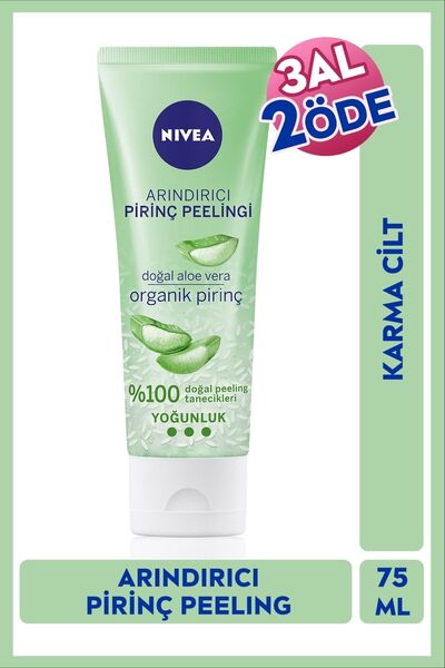 NIVEA Arındırıcı Organik Pirinç Peeling 75ml, Aloe Vera, Yağlı ve Karma Cilt Tipleri, Gözenek Temizleyici