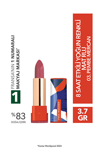 Yves Rocher 8 Saat Etkili Yoğun Renkli Mat Ruj-03. Pembe Mercan-3.8 G-83535