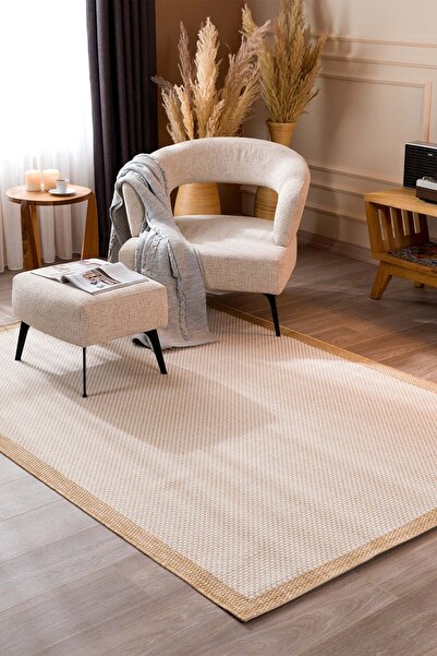 Koza Halı Fresco Ekru Natural Iskandinav Yıkanabilir Bordürlü Halı Kilim Balkon Teras Koridor Halısı 23745a