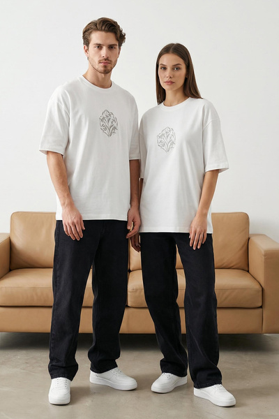 Trendyol Collection Унисекс екрю изрязана/къса тениска с бродерия на цветя от...