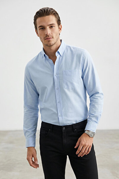 Trendyol Collection Blaues Regular Fit Oxford Herrenhemd mit leichtem Bügeln ...