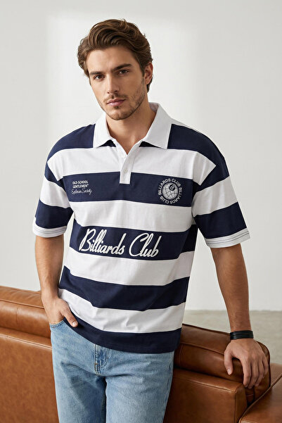 Trendyol Collection Marineblaues, übergroßes, gestreiftes, bedrucktes, bestic...