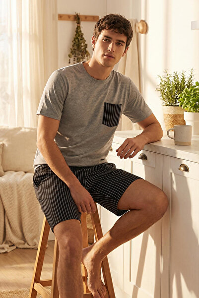 Trendyol Collection Grimelange - Σετ πιτζάμες με μαύρο κανονικό ριγέ πλεκτό σ...