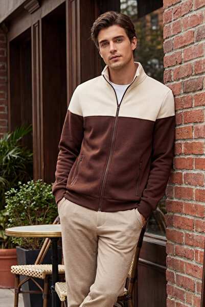 Trendyol Collection Hnědo-béžová mikina na zip s dlouhým rukávem Regular Fit ...