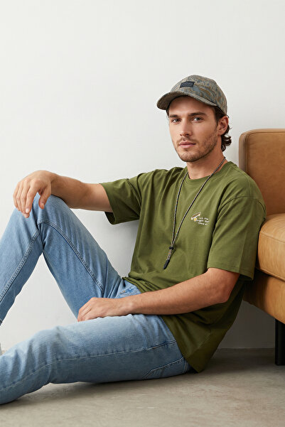 Trendyol Collection Χακί Χρώμα Oversize Κεντημένο Βαμβακερό T-Shirt - TMNSS25...
