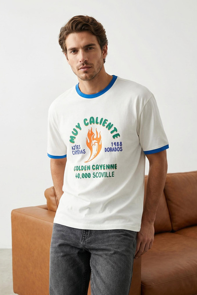 Trendyol Collection Ecru bedrucktes Boxy-T-Shirt – 100 % Baumwolle TMNSS25TS0...