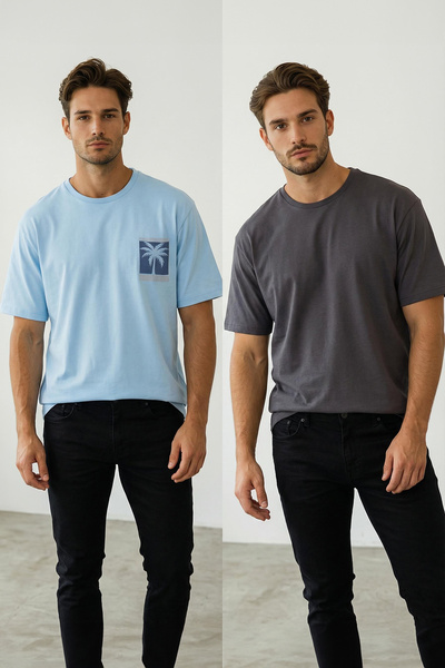 Trendyol Collection Μπλουζάκια Μπλε-Ανθρακί Oversize/Wide Cut 2 Πακέτο εμπριμ...