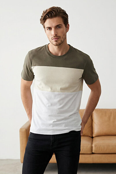 Trendyol Collection Khakifarbenes, normal geschnittenes Farbblock-T-Shirt aus...