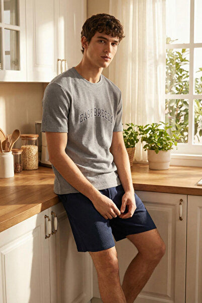Trendyol Collection Γκρι Regular Fit Slogan Σετ πιτζάμες με στάμπα βάφλα με π...