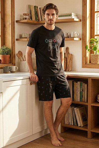 Trendyol Collection Black Regular Game Printed Knitted Shorts Pajama Set Tmns...