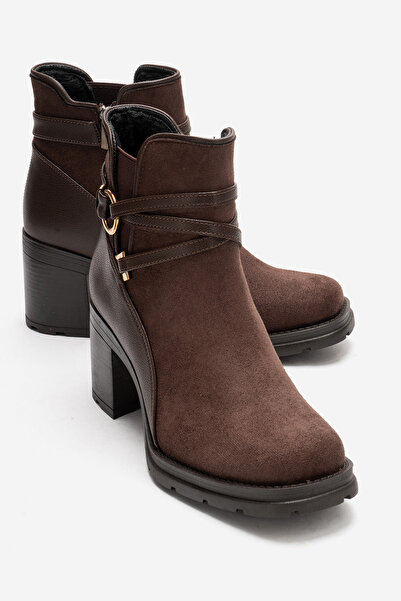 LuviShoes حذاء نسائي من WERN بكعب سميك وحزام من الجلد السويدي البني مع تفاصيل...