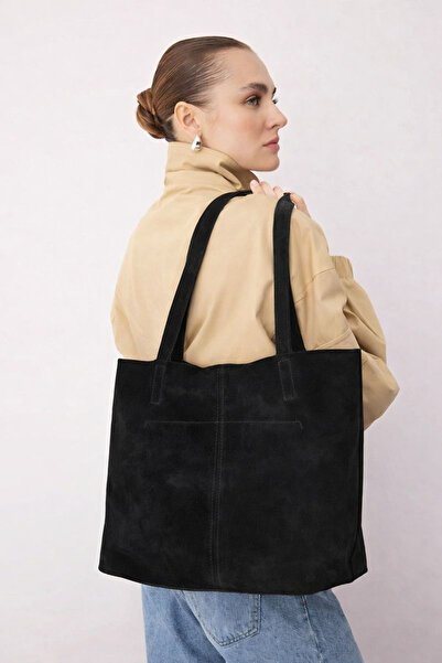 TRENDYOL SHOES Schwarze Premium-Umhängetasche aus echtem Leder und Wildleder ...