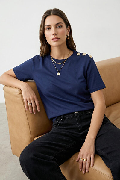 Trendyol Collection Námořnická modř 100% bavlna se zlatým knoflíkem Detailní ...