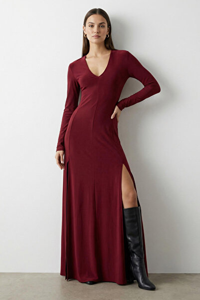 Trendyol Collection Виненочервена разтеглива макси плетена рокля с V-образно ...