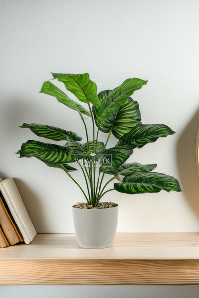 Yapay Çiçek Deposu Beyaz Saksıda Yapay Bitki 12 Yapraklı Calypso 47 cm Yeşil