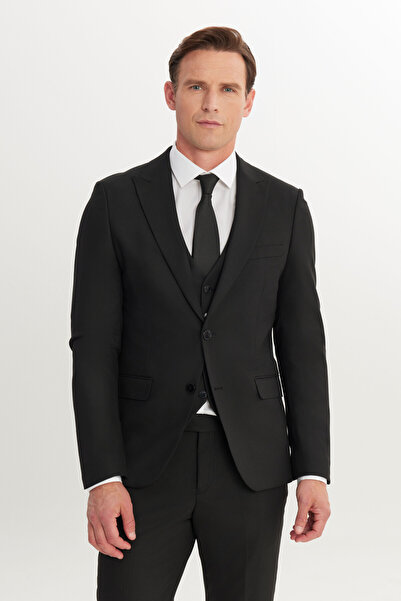 AC&Co / Altınyıldız Classics Erkek Siyah Slim Fit Dar Kesim Yelekli Takım Elb...