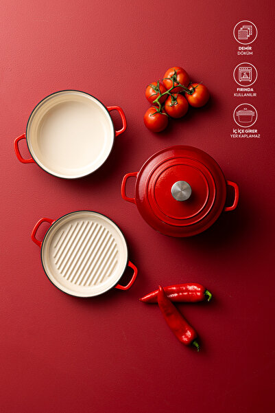 Emsan Fortino Cast Döküm Tencere Seti Kırmızı 4 Parça 22 cm