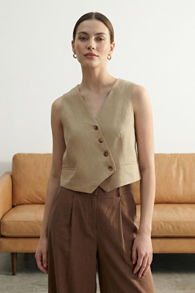 Trendyol Collection Beigefarbene, kurz geschnittene Weste in Leinenoptik mit ...