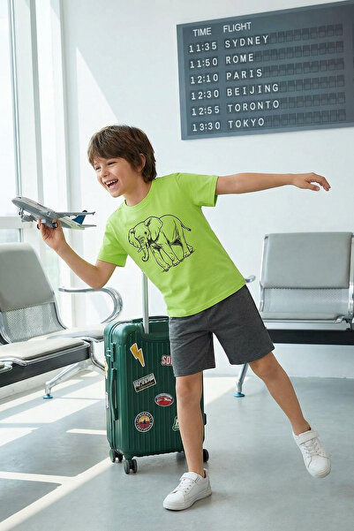 TRENDYOLKIDS Lime Boy's 100% Cotton Elephant Printed Short Sleeve Knitted Bot...