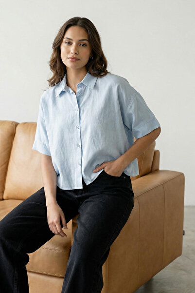 Trendyol Collection Μπλε κοντομάνικο πουκάμισο με χαμηλό μανίκι OVERSIZED TWO...