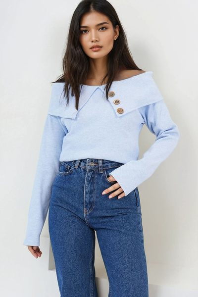 Trend Alaçatı Stili Bluză tricotată cu guler Madonna albastru pentru femei, n...