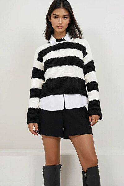 Trend Alaçatı Stili Women's Black White Crew Neck Color Block Thick Knitwear ...