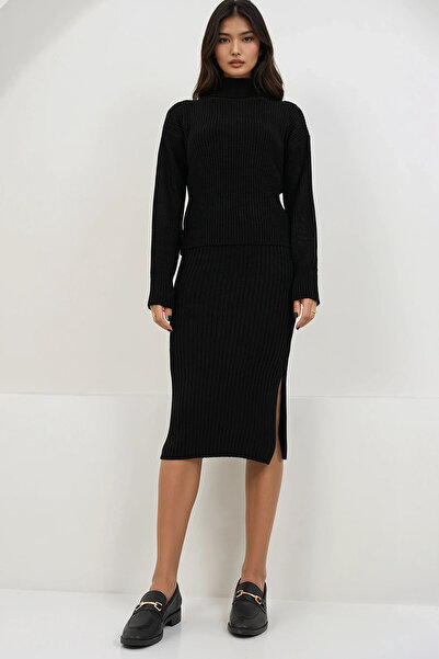 Trend Alaçatı Stili Schwarzes Rollkragenpullover- und Rock-Set für Damen ALC-...