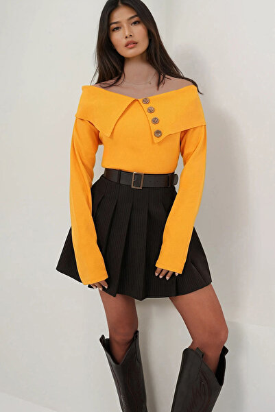 Trend Alaçatı Stili Women's Mustard Yellow Madonna Collar Button Accent Piece...