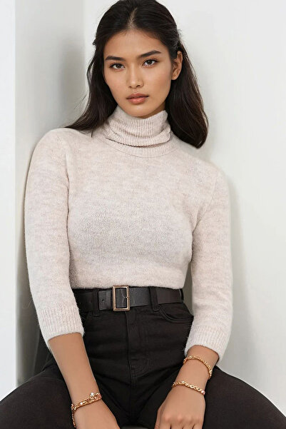 Trend Alaçatı Stili Women's Beige Turtleneck Wool Blend Knit Sweater Alc-X14851
