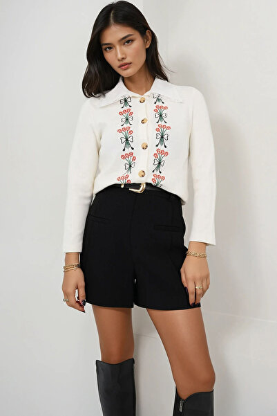 Trend Alaçatı Stili Women's Ecru Lace Shirt Collar Embroidered Knitwear Cardi...