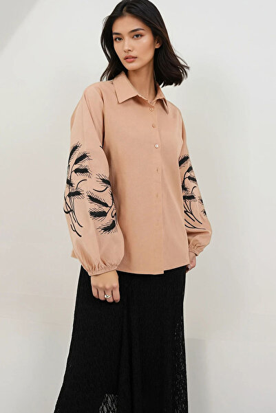 Trend Alaçatı Stili Women's Beige Embroidered Balloon Sleeve Poplin Shirt Alc...