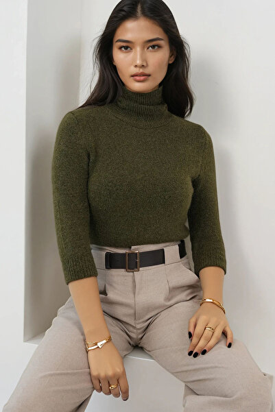 Trend Alaçatı Stili Women's Khaki Turtleneck Wool Blend Knit Sweater Alc-X14851