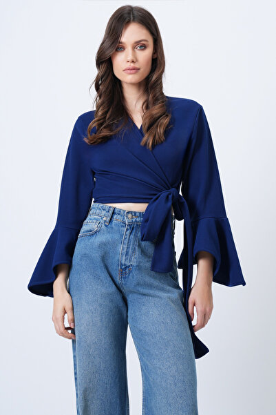 Trend Alaçatı Stili Bluză crop pentru femei, albastru marin, cu două rânduri ...