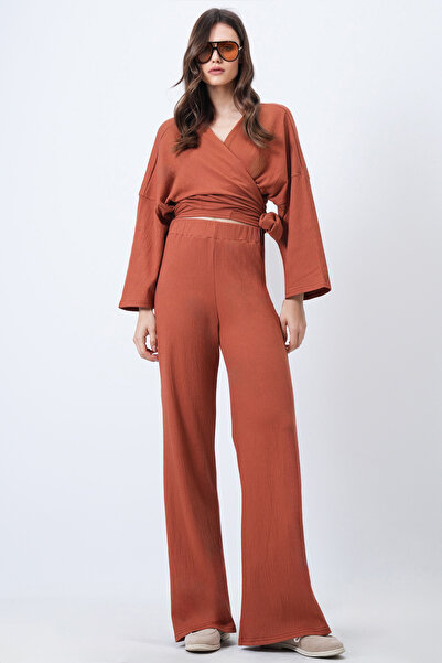 Trend Alaçatı Stili Women's Tile Double-Breasted Tie-Up Blouse Slit Pants Dou...