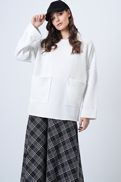 Trend Alaçatı Stili Women's Ecru Crew Neck Pocket Detailed Knitted Blouse Alc...