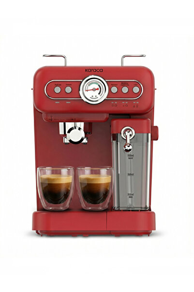 Karaca ماكينة إسبريسو ولاتيه وكابتشينو بتصميم عتيق مع وعاء للحليب باللون الأحمر