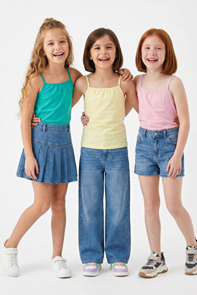 TRENDYOLKIDS Mintfarbenes, pudergelbes 3-teiliges Strick-Unterhemd TKDSS25AL0...