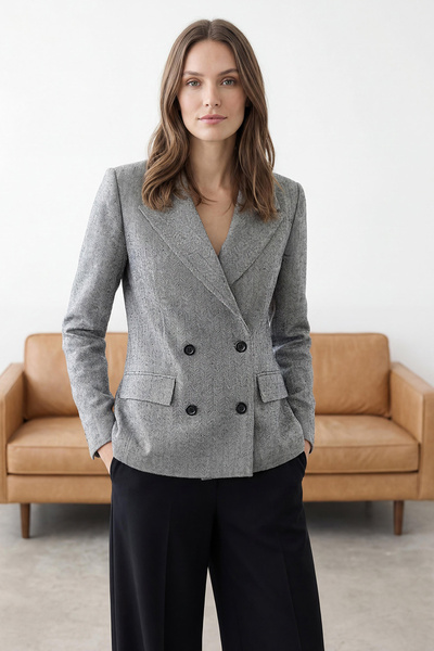 Trendyol Collection Anthrazitfarbene Blazerjacke mit Fischgrätenmuster und zw...