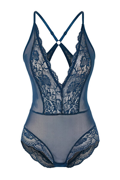 Trendyol Collection Petrol Tulle Lace Detailed Capless Knitted Body Thmss25Bd...