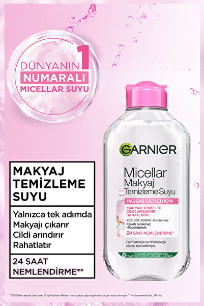 Garnier Micellar Makyaj Temizleme Suyu 200ML, 24 Saat Nemlendirme, Hassas Ciltler,Vegan&Cruelty Free
