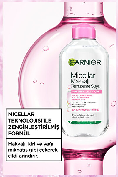 Garnier Micellar Makyaj Temizleme Suyu 200ML, 24 Saat Nemlendirme, Hassas Ciltler,Vegan&Cruelty Free