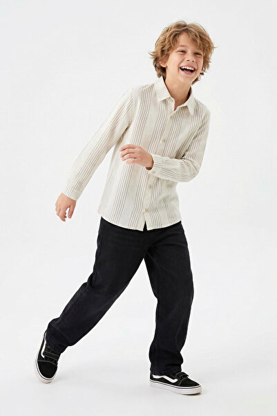 TRENDYOLKIDS Chlapecká pruhovaná bavlněná lněná košile - TKDAW25GO00003 Ecru ...