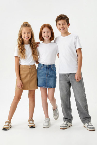 TRENDYOLKIDS Unisex White Cotton Short Sleeve T-Shirts Set of 3 - Tkdss24Ts00019